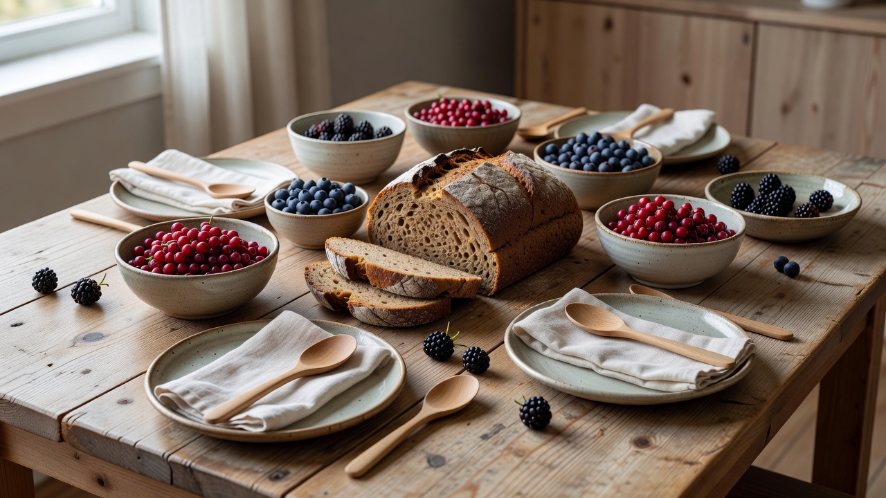 Rye bread, bowls of berries and simple plates arranged for a shared meal