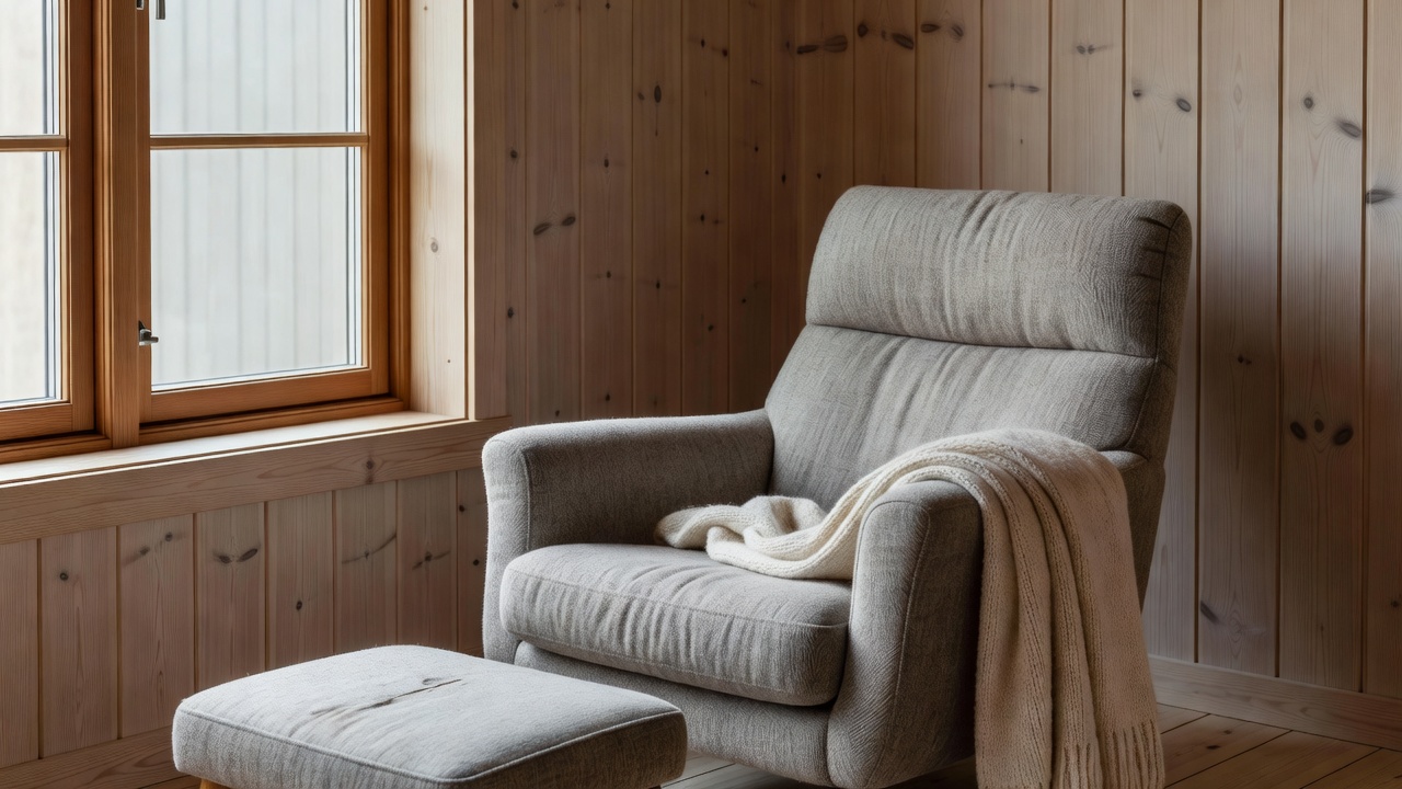 A comfortable reading chair beside a window in a timber-lined interior
